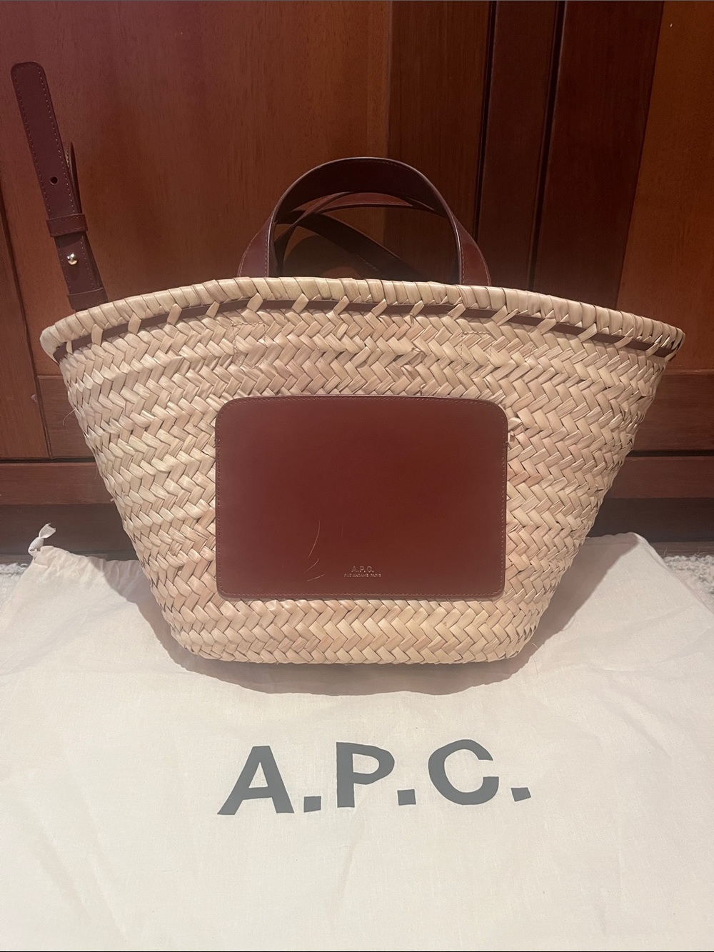 A.P.C. Straw Tote with Brown Leather Pocket and Straps